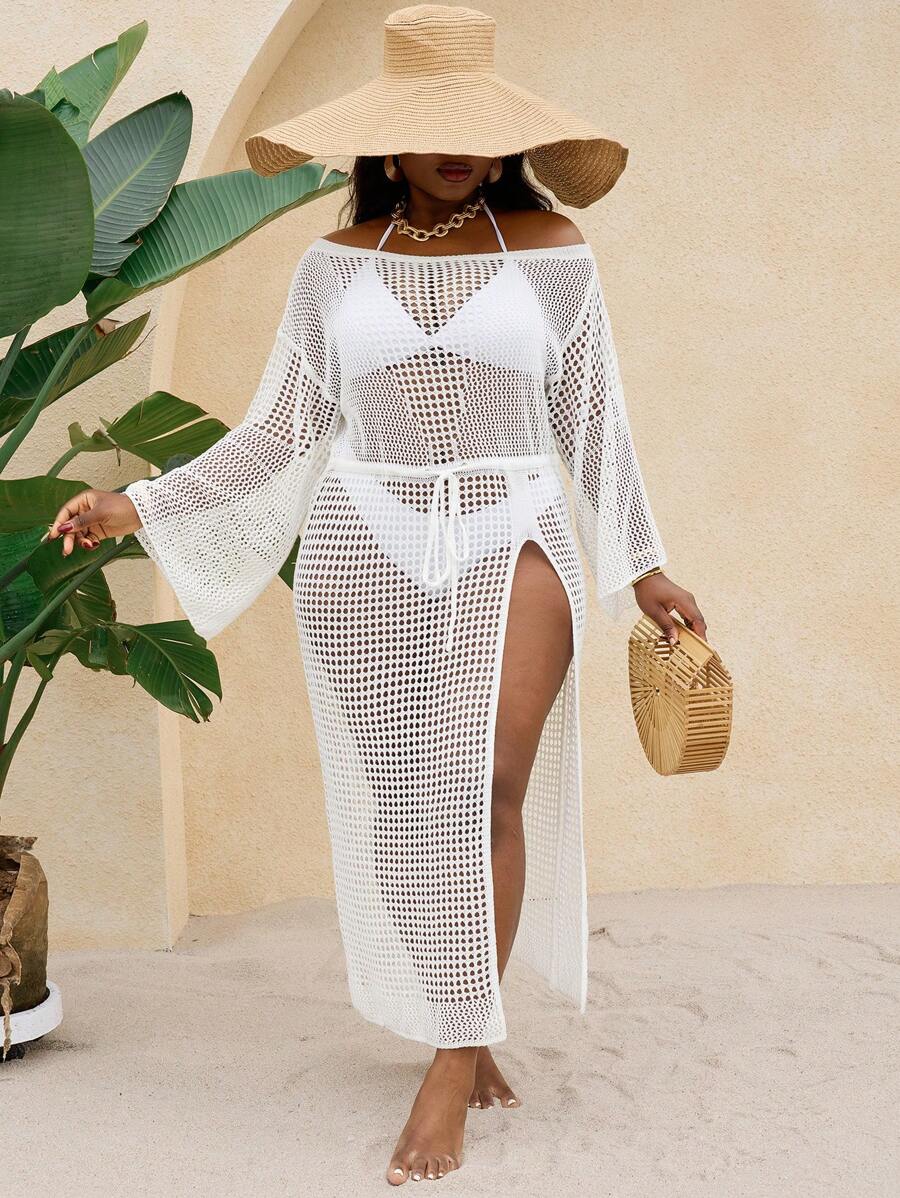 SHEIN Swim Plus Size Knit Crochet Long Cover Up, Suitable For Vacation For Summer