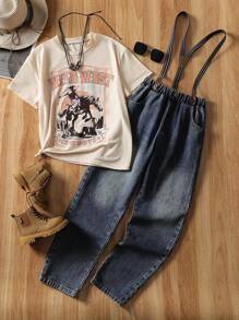 SHEIN Tween Boys 2pcs Sets Spring & Summer Wildeya New Styles, Classic Fashionable Outdoor Western Vintage Print T-Shirt Paired With Classic Washed Denim Bib & Brace Overalls 2 Pieces Outfit, Suitable For Outdoor Activities, Daily Wear And Nomadic Social Events - Multicolor - View 1