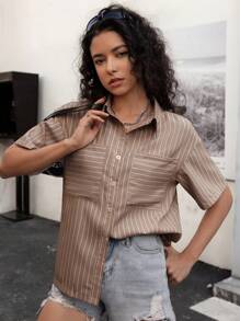 Chiquease Women's Casual Loose Striped Short Sleeve Shirts With Decorative Pockets, Suitable For Spring & Summer