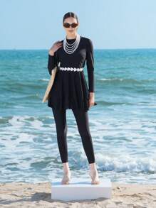 Swim Shayni Floral Embroidered Long Sleeve Round Neck Ruffle Top And Solid Color Burkini Bottoms Two-Piece Swimwear Sets, Women Casual Holiday BeachwearArabic Clothing For Summer Beach Vacation