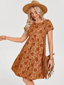 SHEIN LUNE 女士圆领短袖橙色提花浪漫假日迷你连衣裙，春夏 - 橘色 - 查看 4