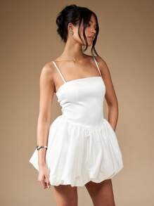 MISSGUIDED Satin Puffball Mini Dress With Back Bow Cute Sundress - White - View 1