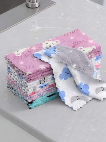 SHEIN 5 bucăți 16cm*27cm cârpe de curățare cu model de desene animate, cârpe de bucătărie multifuncționale absorbante și ușor de curățat, potrivite pentru bucătărie, baie, toaletă, articole de uz casnic, culori aleatorii