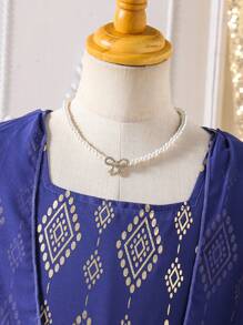 SHEIN Tween Girl' Style Gold Foil & Retro Printed Chiffon Dress With Shawl - Royal Blue - View 4