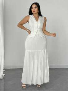 SHEIN Unity 大码 2 件套女式 V 领背心上衣和褶皱长裙 - 白色 - 查看 2