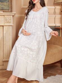 PalaceNights Palace Style Embroidery Long Sleeve Maxi Loose Maternity Nightgown Babydoll Luxe Loungewear, Fall - White - View 1