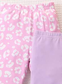 SHEIN Vintaside Kids Conjunto de 3 piezas de mallas con diseño de volantes, estampado de flores y estampado de leopardo para bebé niña, casual y versátil