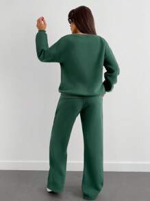 EURMUSE Rhinestone Decor Casual Sweatshirt And Sweatpants Set, Autumn/Winter - Dark Green - View 2