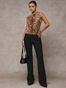 SHEIN BAE Women Plain Color Casual/Fashionable Outing/Versatile Casual/Old Money Style Patch Pocket Wide Waistband Simple Commute Office Low-Waist Loose Wide Leg Pants, Autumn/Winter Women Pants, Pants, Women's Dress Pants, Work Wear, Vintage Style Leopard Print