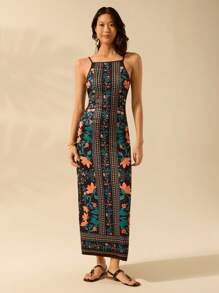 CAJUNI 女式波西米亚风热带花卉植物印花休闲度假无袖黑色中长细肩带连衣裙 - 彩色 - 查看 5