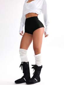 Easithlete Quần short thể thao thể thao cạp cao màu trơn cho nữ - màu đen - Xem 4