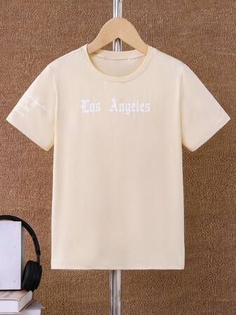SHEIN Tween Boy Letter Print Round Neck Short Sleeve Casual T-Shirt