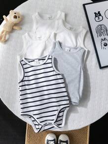 5件套新生儿男女宝宝夏季可爱针织条纹无袖连体衣，室内/室外基础叠穿套装 - 彩色 - 查看 3