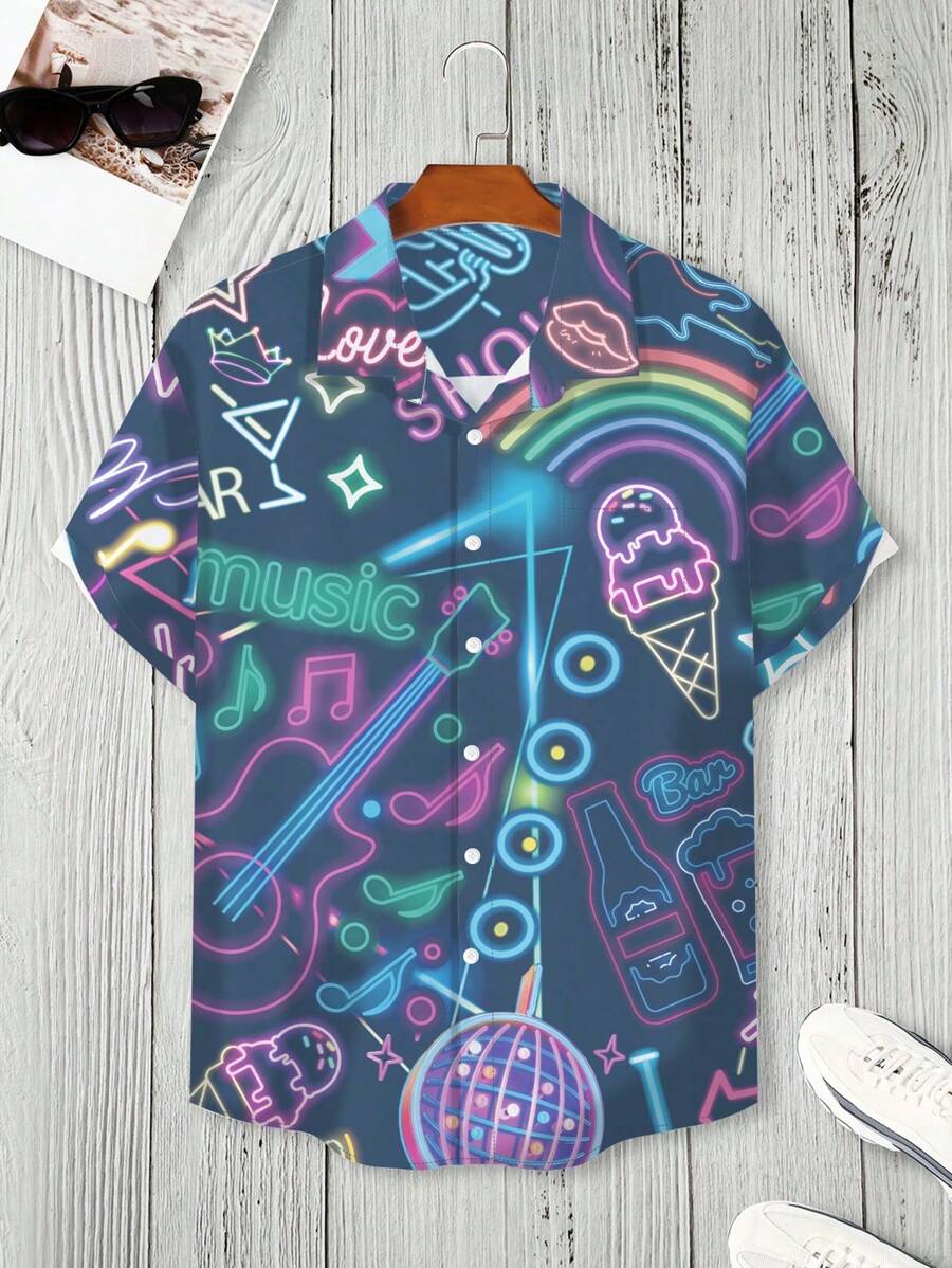 Manfinity Homme Camisa holgada para hombre de talla grande con estampado de arcoíris e instrumentos musicales - Neblina azul - Ver 1