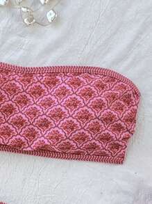 Swim Mod 2pcs/Set Women's Springbreak Beachwear Summer Outfits, Random Print Bandeau Top And High Waist Swim Shorts Beach Vacation Bikini Set - Pink - View 6