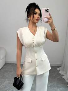 SHEIN Unity 女士纯色单排扣褶皱无袖优雅西装外套 - 杏色 - 查看 4