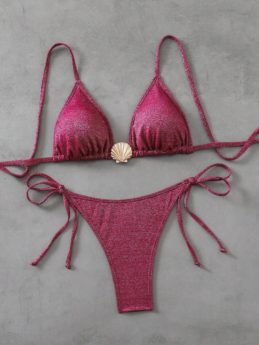 Swim Vcay Women's Glittery Seashell Decorated Sexy Fashion Bikini Set, Beach Vacation For Summer - Purple - View 1