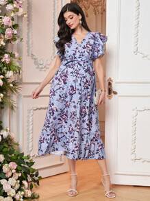 SHEIN Maternity Floral Print Ruffle Trim Belted Dress - Purple - View 6