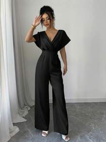 Elenzga 女士纯色 V 领褶皱腰休闲连体裤 - 黑色 - 查看 5