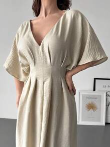 Firerie New Elegant Large Umbrella Skirt Apricot Off-The-Shoulder Short-Sleeved Imitation Linen Pleated Women's Dress Summer Outfits For Women Sundress Vacation Outfits