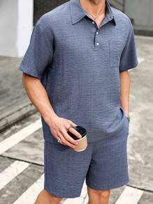 Manfinity CasualCool "Men's Casual Daily Wear And Vacation Attire, Featuring A Blue Short-Sleeve Polo Set Made From A Faux Denim And Linen-Feel Satin Fabric With A Slight Crinkle. This Outfit Is Suitable For Refreshing Looks In All Seasons, Making It Perfect For Pairing With Outfits For A Hawaiian Beach Vacation. It's Also Great For Couple Matching And Serves As An Excellent Gift Idea For Boyfriends Or Husbands, Ensuring A Stylish Combination." Men Two Pieces Outfits ,Men Shorts Set - Grey - View 5