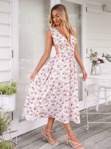 SHEIN VCAY Women's Elegant Ditsy Floral Backless Sleeveless Midi Dress,Floral Dress Women,Floral Dress Women,Elegant - White - View 4