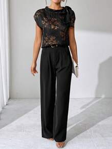 SHEIN Clasi Elegant Women's Short Sleeved Gold Embossed Chiffon Ribbon Tied Shirt, Suitable For Various Occasions - Black and Gold - View 6