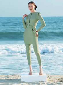 Swim Shayni Bộ đồ bơi và bikini màu trơn cổ tròn tay dài xếp nếp ngực mới cho nữ mùa hè - xanh quân đội - Xem 1