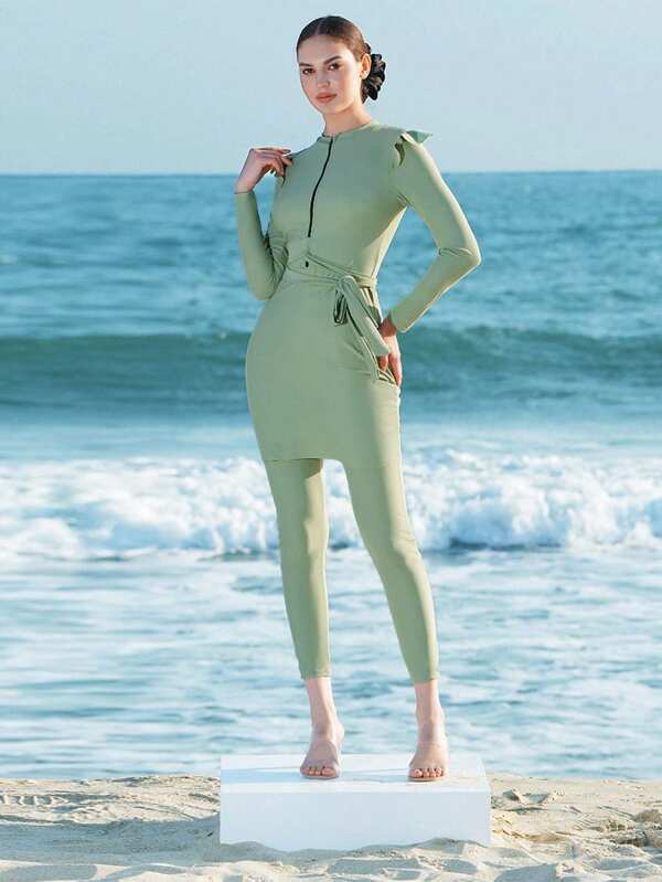 Swim Shayni Nuevo conjunto de camiseta sin mangas y bikini de verano para mujer con cuello redondo, manga larga, pecho drapeado, cremallera y cintura con lazo, de un solo color