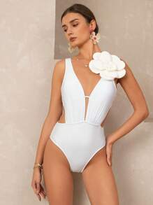 SHEIN Swim 1 pieza Elegante traje de baño blanco de vacaciones con detalles de gran lazo para mujer - Blanco - Ver 2