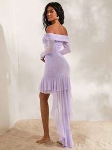 Opulessa Rochie de culoare solidă din plasă din plasă, cu fanta, cu tivul asimetric, pentru femei - Violet - Vizualizare 5