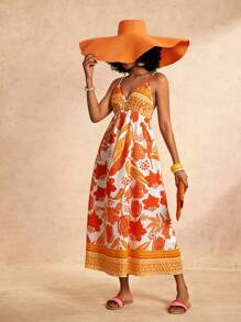 Slaydiva New Casual Floral Print Sleeveless Long Dress - Orange, Spring/Summer - Yellow - View 3
