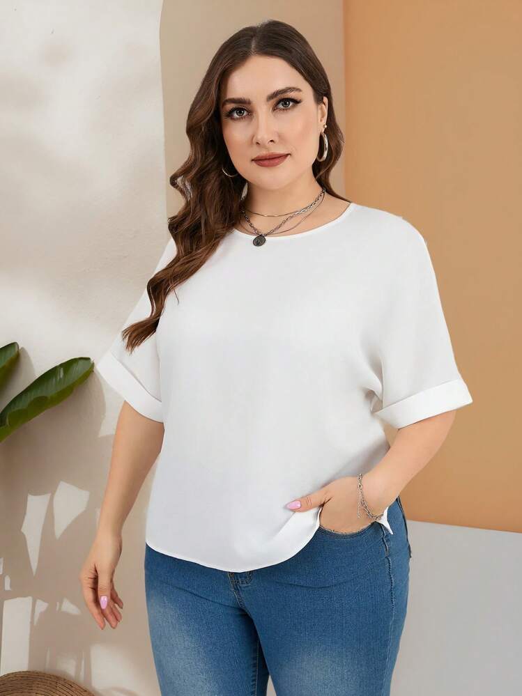 SHEIN Essnce Plus Size Women's Spring And Summer Fashion Casual Loose Comfortable Cool Daily Basic White Short-Sleeved Pullover Shirt Tops,Work Tops,Summer Outfits For Women,Office Wear,Old Money Style Women,Curve Tops - White - View 6