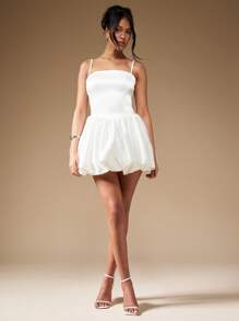 MISSGUIDED Satin Puffball Mini Dress With Back Bow Cute Sundress - White - View 4