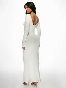 MISSGUIDED Brushed Ribbed Long Sleeve Maxi Dress Winter Fall Bodycon Floor Length High Neck Elegant Evening Dress Stretch Fitted Holiday Party Gown - White - View 2