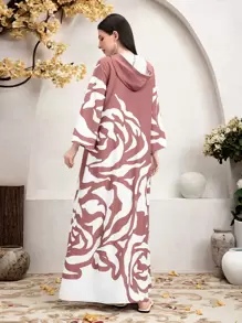 Seusyu Women Floral Print Long Sleeve Hooded Casual Arabian Dress,Modest - Pink - View 2