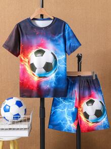 Set de 2 piezas para niños: Camiseta de manga corta con estampado 3D de fútbol colorido y pantalones cortos