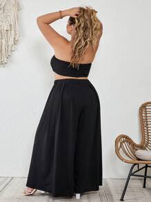 SHEIN CURVE+ 大码女式夏季波西米亚风露背褶皱裤套装，海滩度假性感波西米亚风度假 - 黑色 - 查看 2