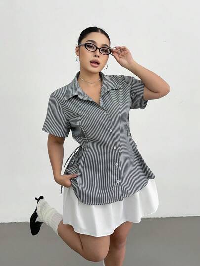 POPSWAY Women Plus Size Striped Short Sleeve Cinched Waist Loose Casual Shirt