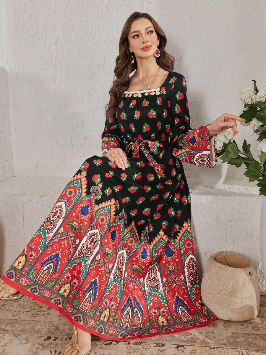 SHEIN Najma Vestido árabe de manga longa com gola quadrada solta ...