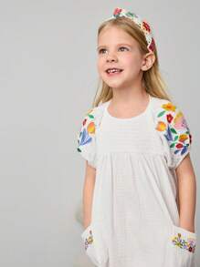 Maija Kids Maija Kids Vestido casual holgado con línea A, manga abullonada y bordados para niñas jóvenes, moda streetwear, apto para uso diario, viajes, escuela, hogar, estilo campestre