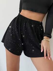 SHEIN Privé 全新休闲百搭性感派对优雅别致黑色亮片高腰宽松短裤，适合春夏演唱会狂欢女式短裤 - 黑色 - 查看 4