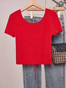 Chiquease Women Crew Neck Hollow Back Drawstring Decoration Button Crop Short Sleeve Knit Top, Spring/Summer