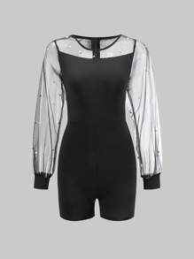 SHEIN Explorewe 1pc Teenage Summer Elegant European And American Style Net Yarn Splicing Knit Top And Jumpsuit, Casual Vacation