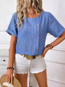 SHEIN LUNE 女士休闲节日拼色条纹仿亚麻短袖纽扣装饰圆领衬衫，春夏 - 藍色 - 查看 7