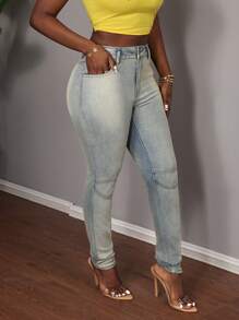 Slaydiva Jeans ajustados y elásticos sexy para mujer, de tiro bajo, color azul, ideales para festivales de verano - Azul lavado medio - Ver 5