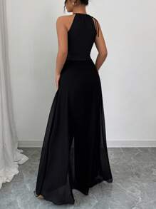 Elenzga 优雅通勤绿色吊带系带 V 领收腰透明雪纺拼接女式连体裤 - 黑色 - 查看 2