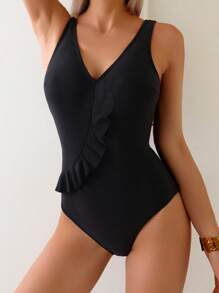 SHEIN Swim Women's Black Deep V-Neck Ruffled Trim One-Piece Swimsuit - Black - View 1