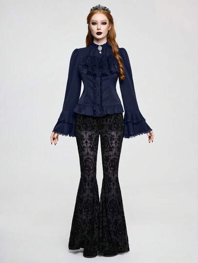 Goth Blusa de mujer con volantes de campana, cintura ceñida, colgante de Barroco con strass, cuello desmontable con volantes estilo gótico vintage, Halloween