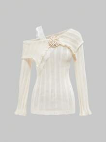 ROMWE Fairycore Pull seyant à manches cloche transparentes, encolure asymétrique avec patchwork en dentelle, style rétro Y2K pour femmes - Nude - Voir 2